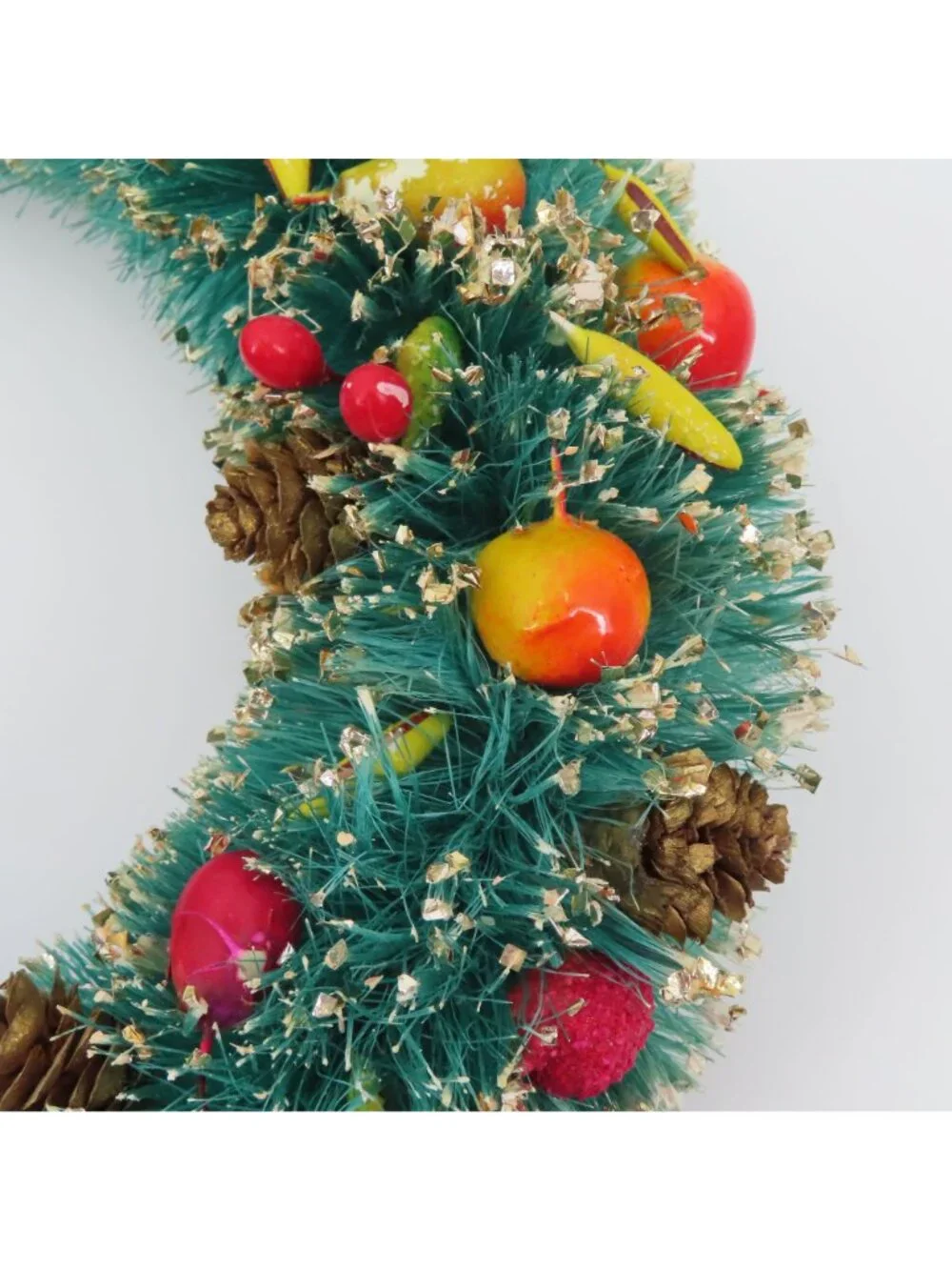 VTG Green Bottle Brush Wreath 12in Gold Flocked Multicolor Fruit Pinecone Retro